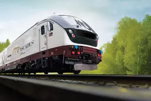 Amtrak Cascades train with dramatic perspective